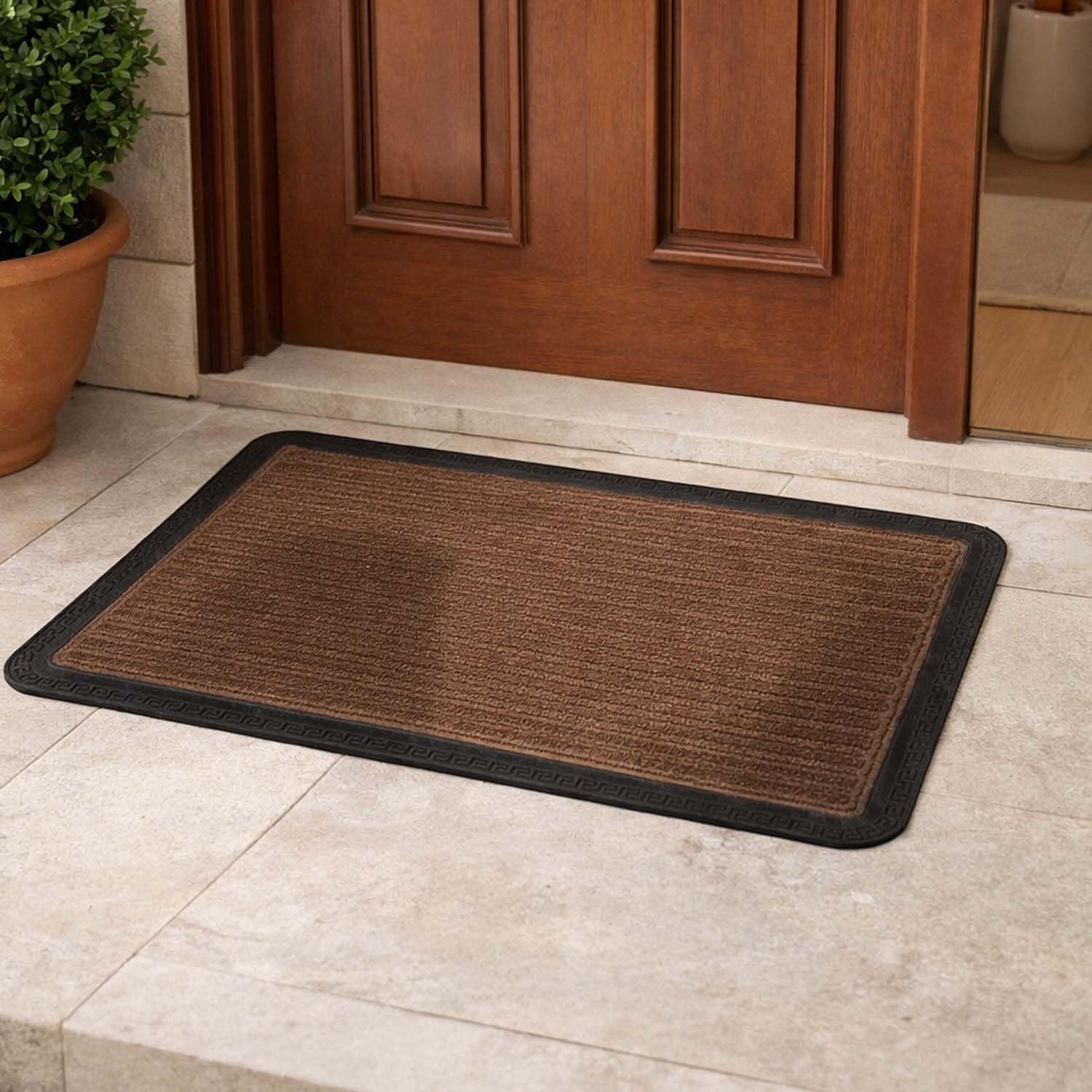 GoHooked brown rectangular entryway doormat with textured surface and decorative border.