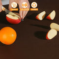 GoHooked brown EVA anti-slip fridge mat roll with BPA-free, safe material, and no odor icons. Sliced apples and an orange are on the mat.