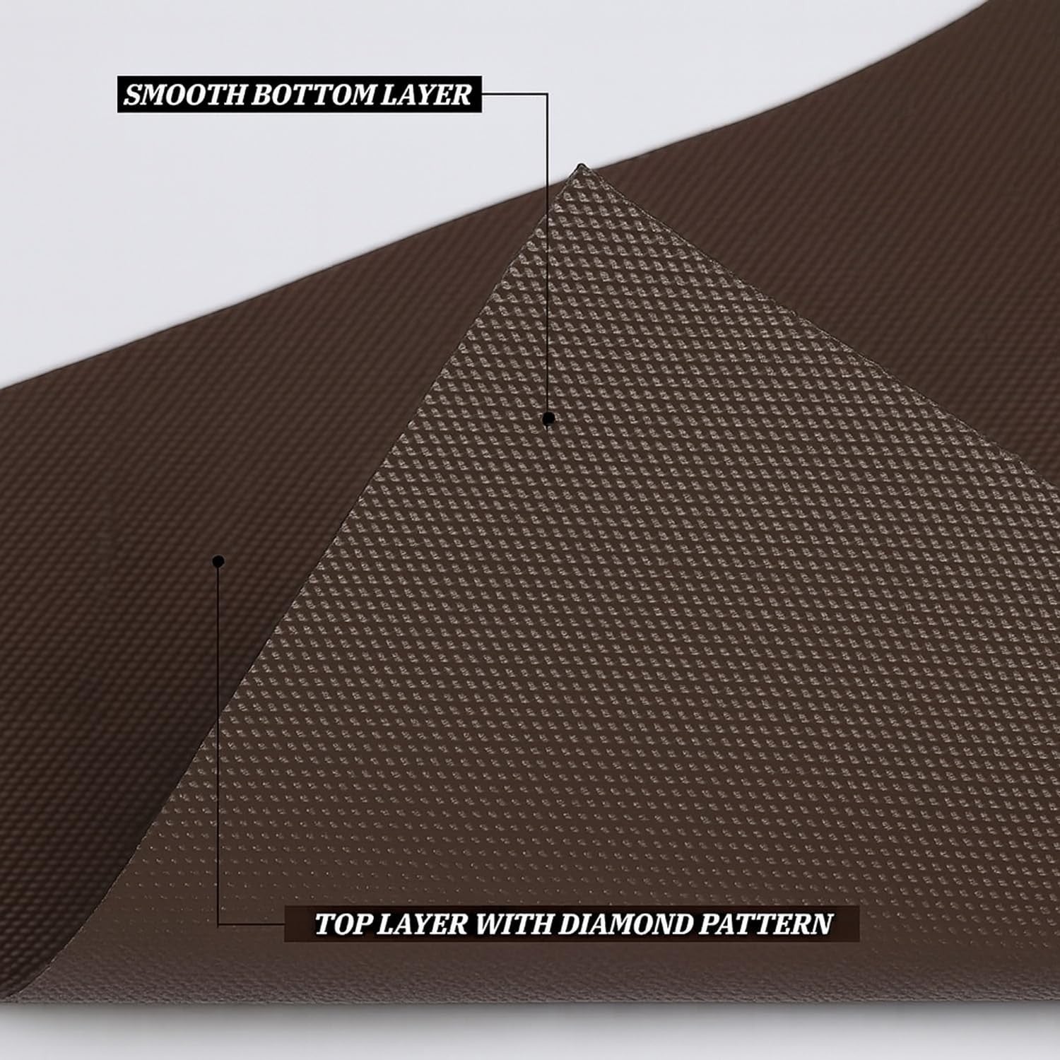 GoHooked brown EVA anti-slip fridge mat with diamond pattern top layer and smooth bottom layer.