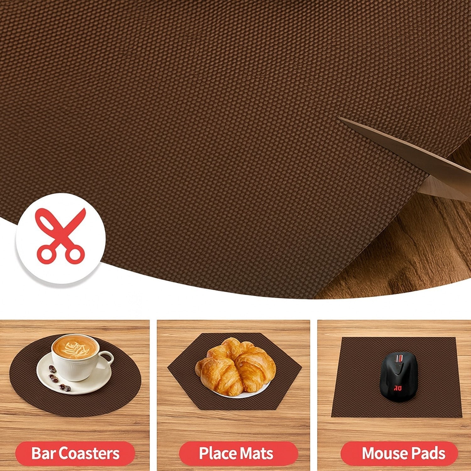 GoHooked brown EVA anti-slip mat being cut with scissors, shown as a coaster, place mat, and mouse pad on wood.