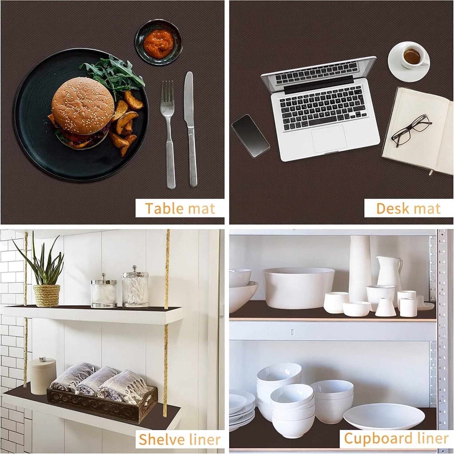 GoHooked brown EVA anti-slip mat used as a table mat, desk mat, shelf liner, and cupboard liner in a kitchen setting.