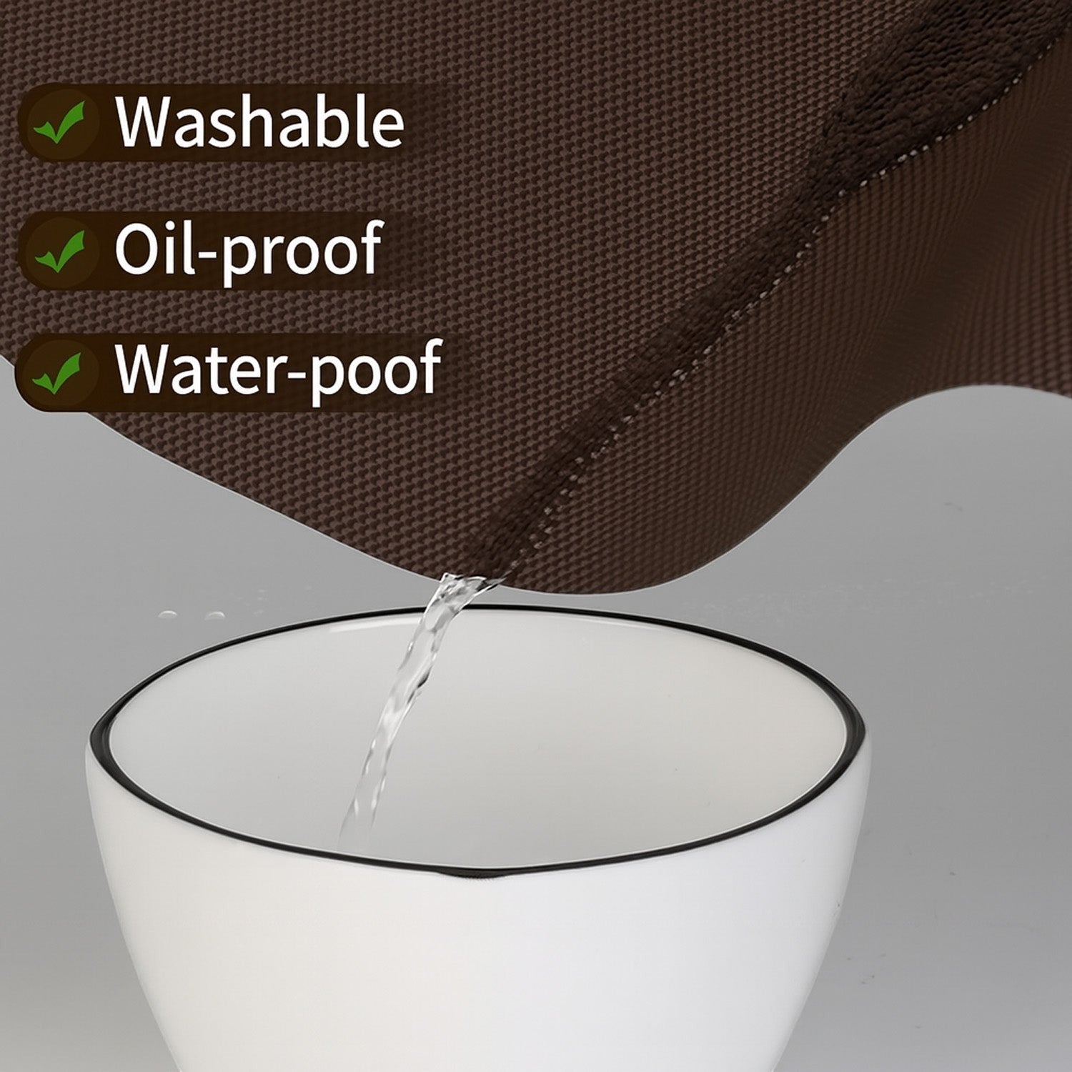 GoHooked brown EVA anti-slip fridge mat showing waterproof properties with water pouring off the textured surface