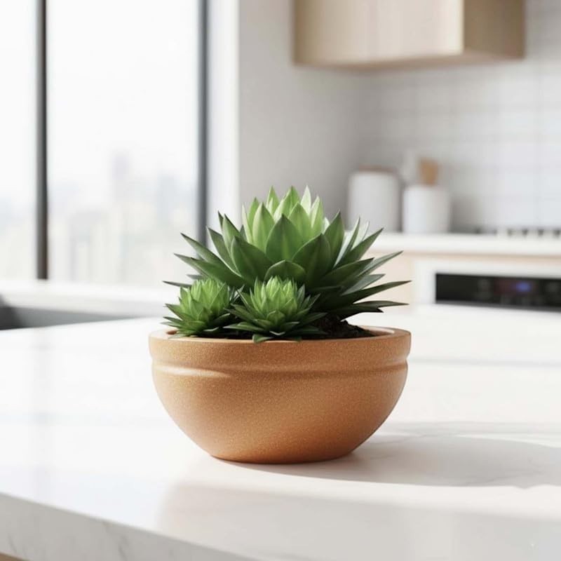 GoHooked brown polymer lotus bowl planter with a succulent plant, 18 inch, minimalist design, weather-resistant.