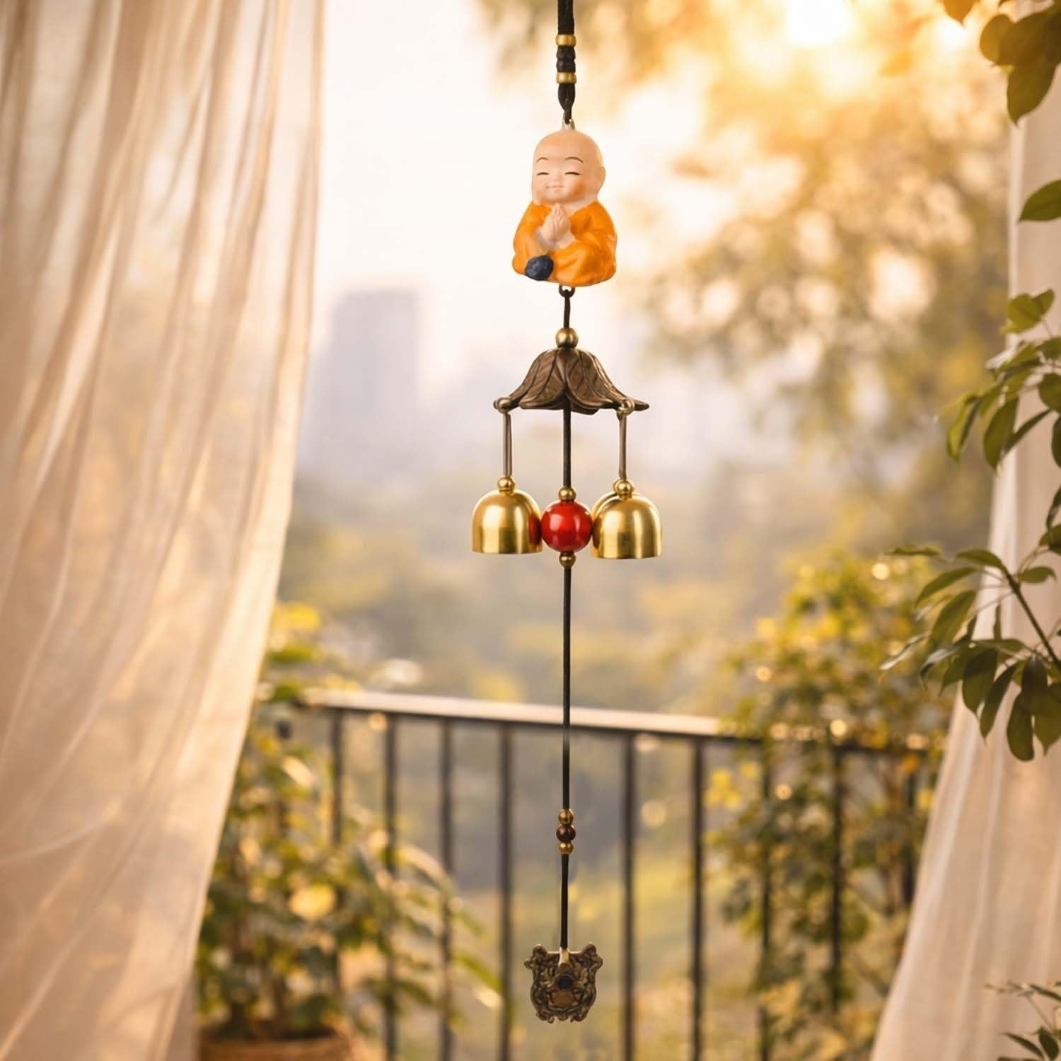 GoHooked brown metal wind chime with a meditating monk figurine and 3 brass bells, ideal for positive energy and home decor.