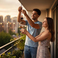 GoHooked brown metal monk figurine wind chime with brass bells, hanging on a balcony at sunset.
