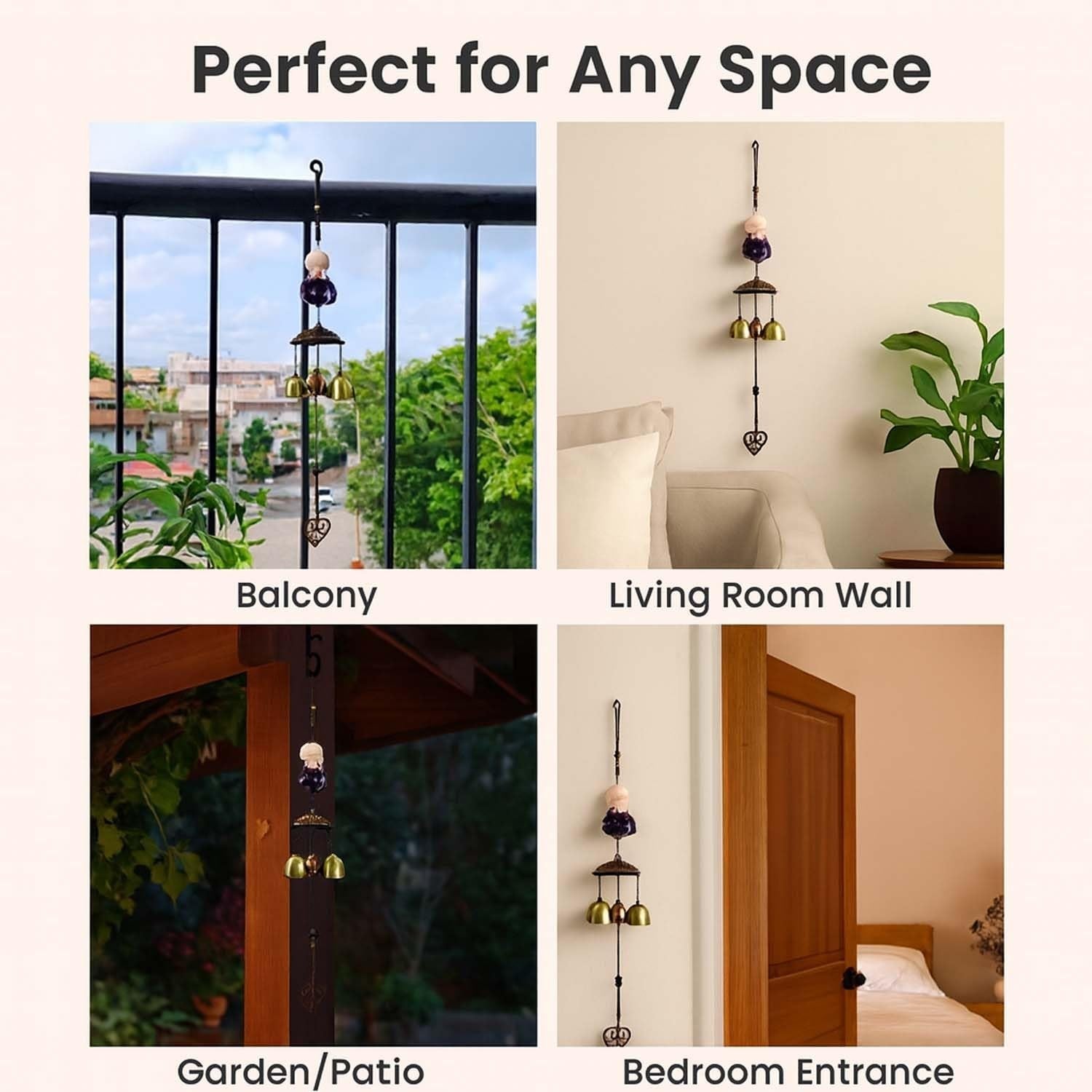 GoHooked brown metal Feng Shui monk figurine wind chime with 3 brass bells, perfect for positive energy and home decor.