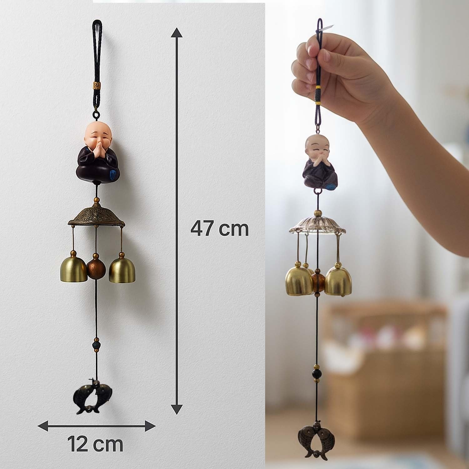 GoHooked brown metal Feng Shui monk figurine wind chime with brass bells, 47cm long.