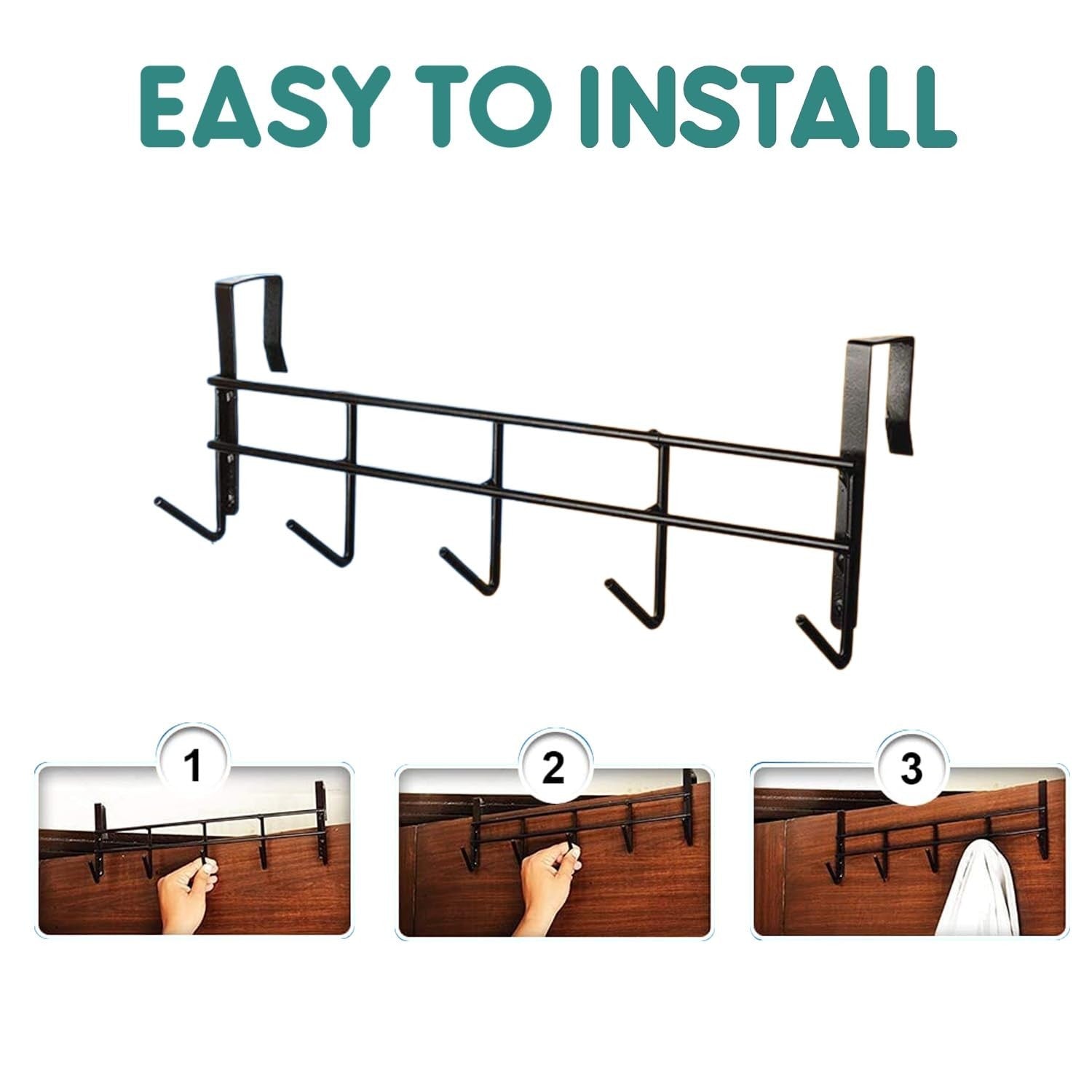 GoHooked brown stainless steel over-the-door organizer with 5 hooks for closets, bedrooms, and bathrooms.
