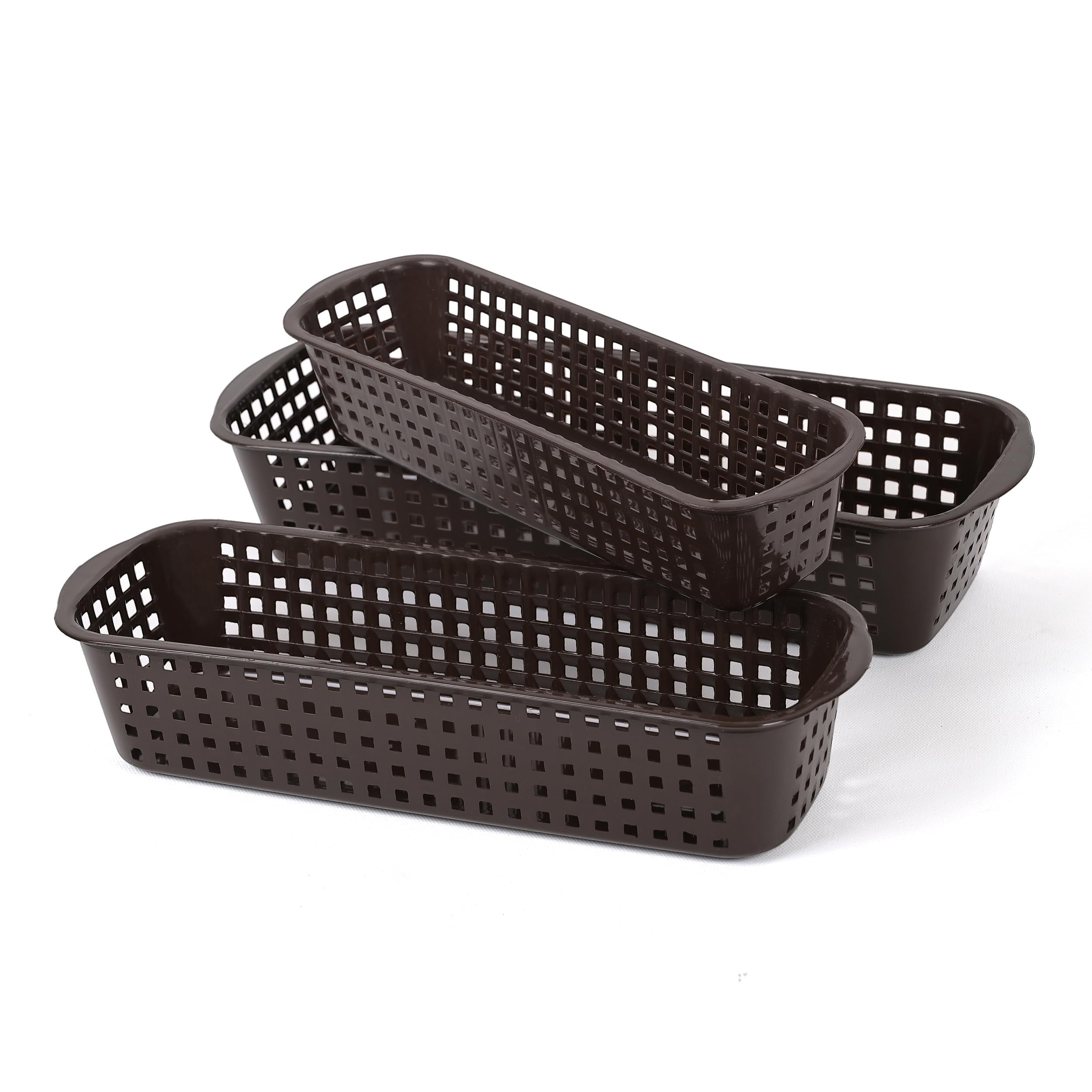 Go Hooked brown plastic rectangular drawer organizer baskets with perforated design, set of 3. Ideal for makeup, stationery, and desk organization.