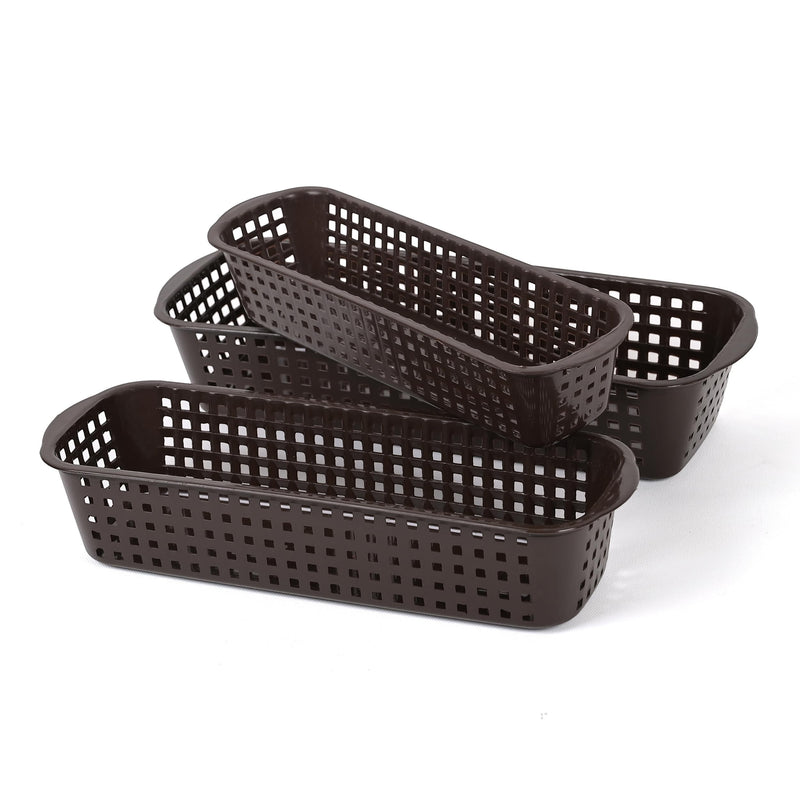 Go Hooked brown plastic rectangular drawer organizer baskets with perforated design, set of 3. Ideal for makeup, stationery, and desk organization.