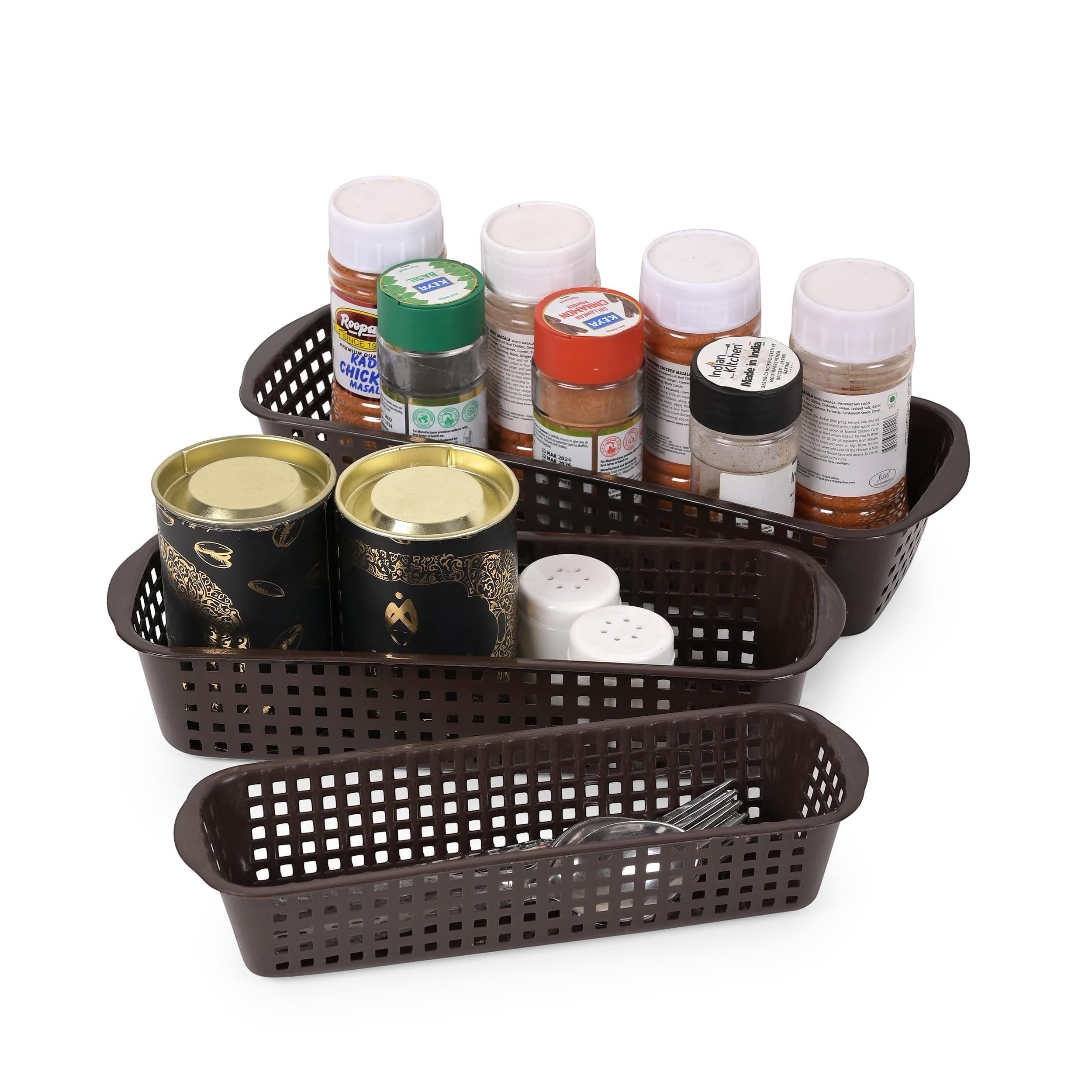 Go Hooked brown plastic drawer organizer set of 3, perforated design, ideal for kitchen or desk storage.