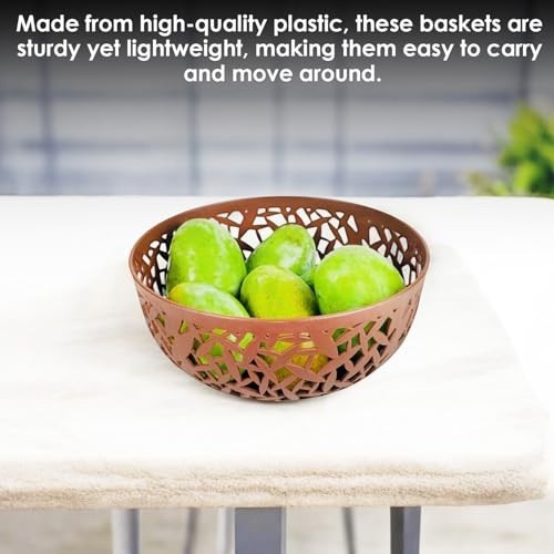 GoHooked brown plastic fruit bowl with decorative cutouts, holding green fruit. 21cm diameter, 9.5cm height.