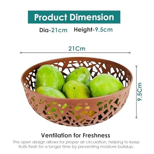 GoHooked brown plastic fruit bowl, 21cm diameter, 9.5cm height, with decorative cutouts for ventilation.