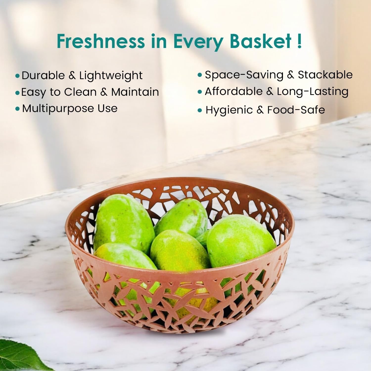 GoHooked brown plastic fruit bowl with decorative cutouts, 21cm wide, 9.5cm height, BPA-free, pack of 2