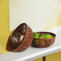 GoHooked brown plastic fruit bowl with intricate cutout design, 21cm wide, 9.5cm height. Set of 2.