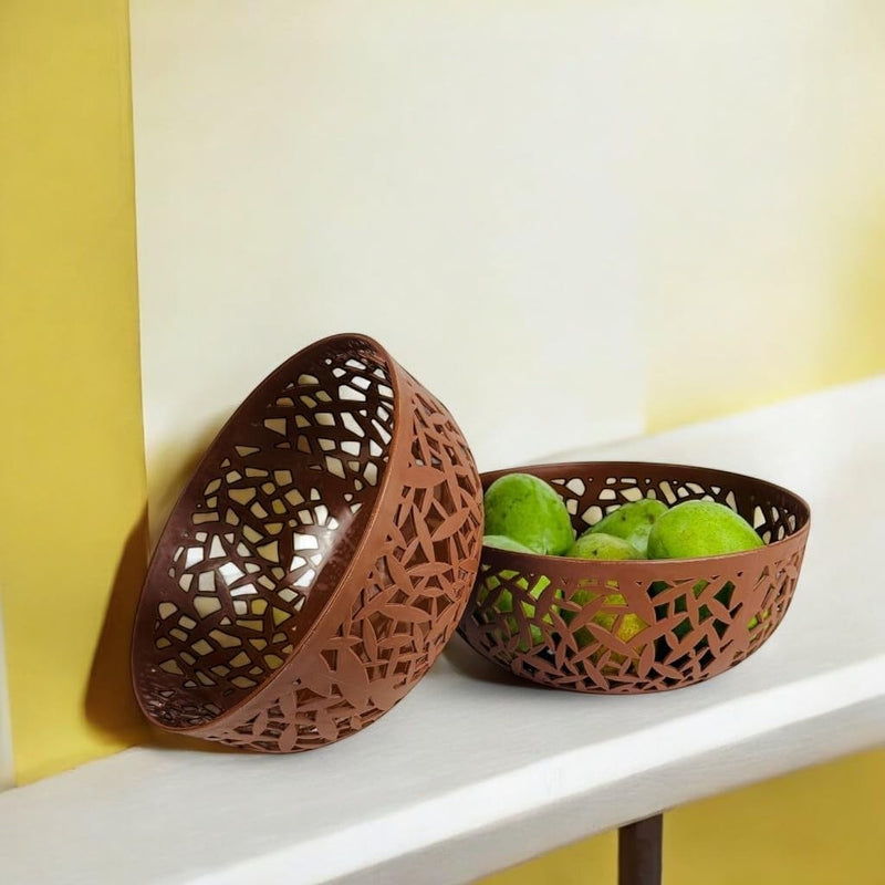 GoHooked brown plastic fruit bowl with intricate cutout design, 21cm wide, 9.5cm height. Set of 2.