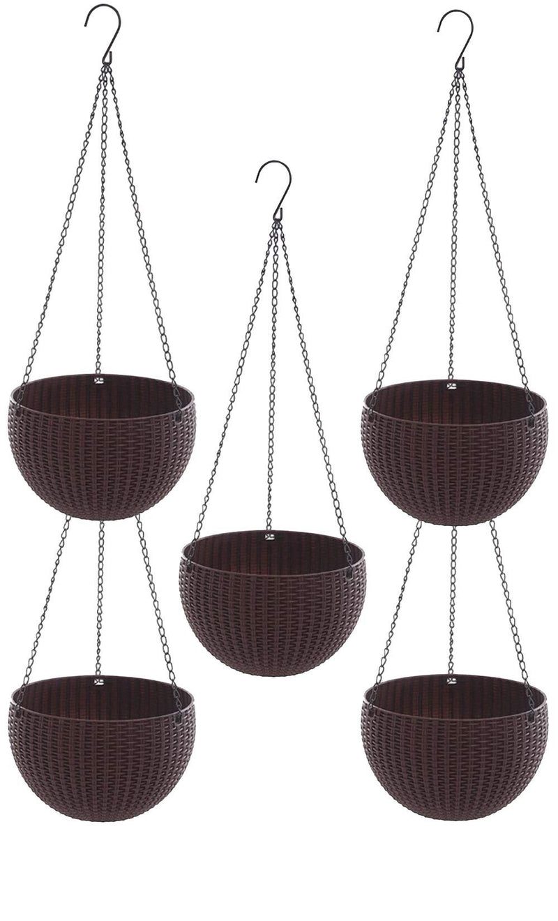 Go Hooked set of 3 brown plastic rattan hanging baskets with metal chains. Round woven planters for indoor/outdoor use.