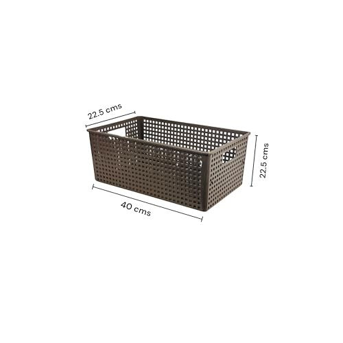 GoHooked brown plastic storage basket with dimensions 22.5D x 40W x 22.5H cm, stackable and multipurpose.