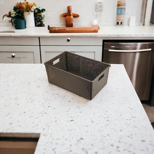 Go Hooked brown plastic multipurpose storage basket with cutout handles, ideal for cosmetics, office, or kitchen use.