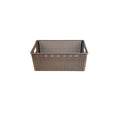 Go Hooked brown plastic storage basket with cutout handles and perforated sides, ideal for cosmetics, office supplies, or fruit.