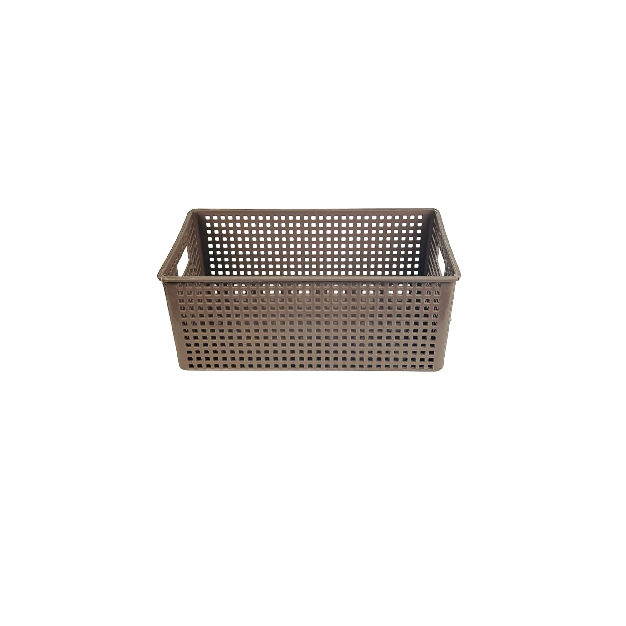 Go Hooked brown plastic storage basket with cutout handles and perforated sides, ideal for cosmetics, office supplies, or fruit.