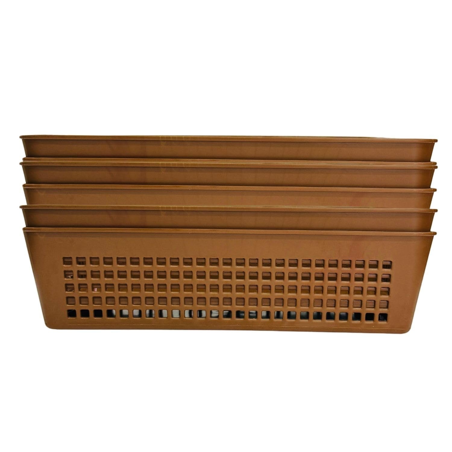 Go Hooked brown plastic storage baskets with perforated sides, set of 5, ideal for cosmetics, office, or bathroom organization.