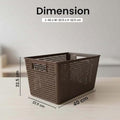 GoHooked brown plastic storage bin with cut-out handles and perforated sides. Dimensions 40W x 22.5D x 22.5H cm.