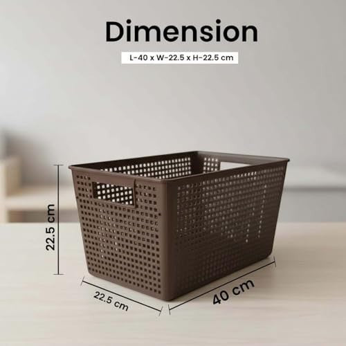 GoHooked brown plastic storage bin with cut-out handles and perforated sides. Dimensions 40W x 22.5D x 22.5H cm.