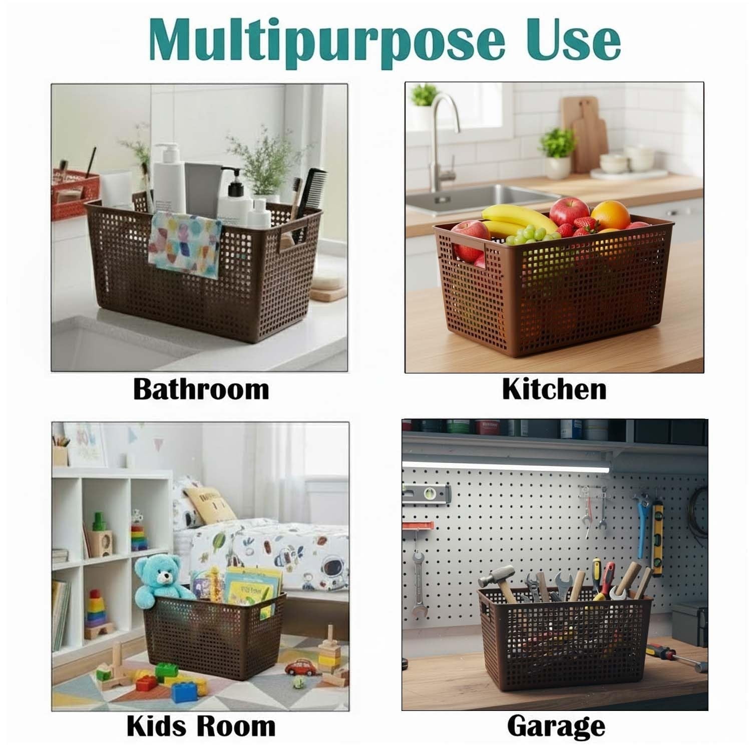 GoHooked brown plastic storage bin with cutout handles, shown in bathroom, kitchen, kids room, and garage settings.