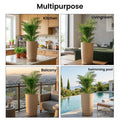 GoHooked 18-inch tall, lightweight, modern brown plastic tower planter with saucer, ideal for indoor or outdoor use.