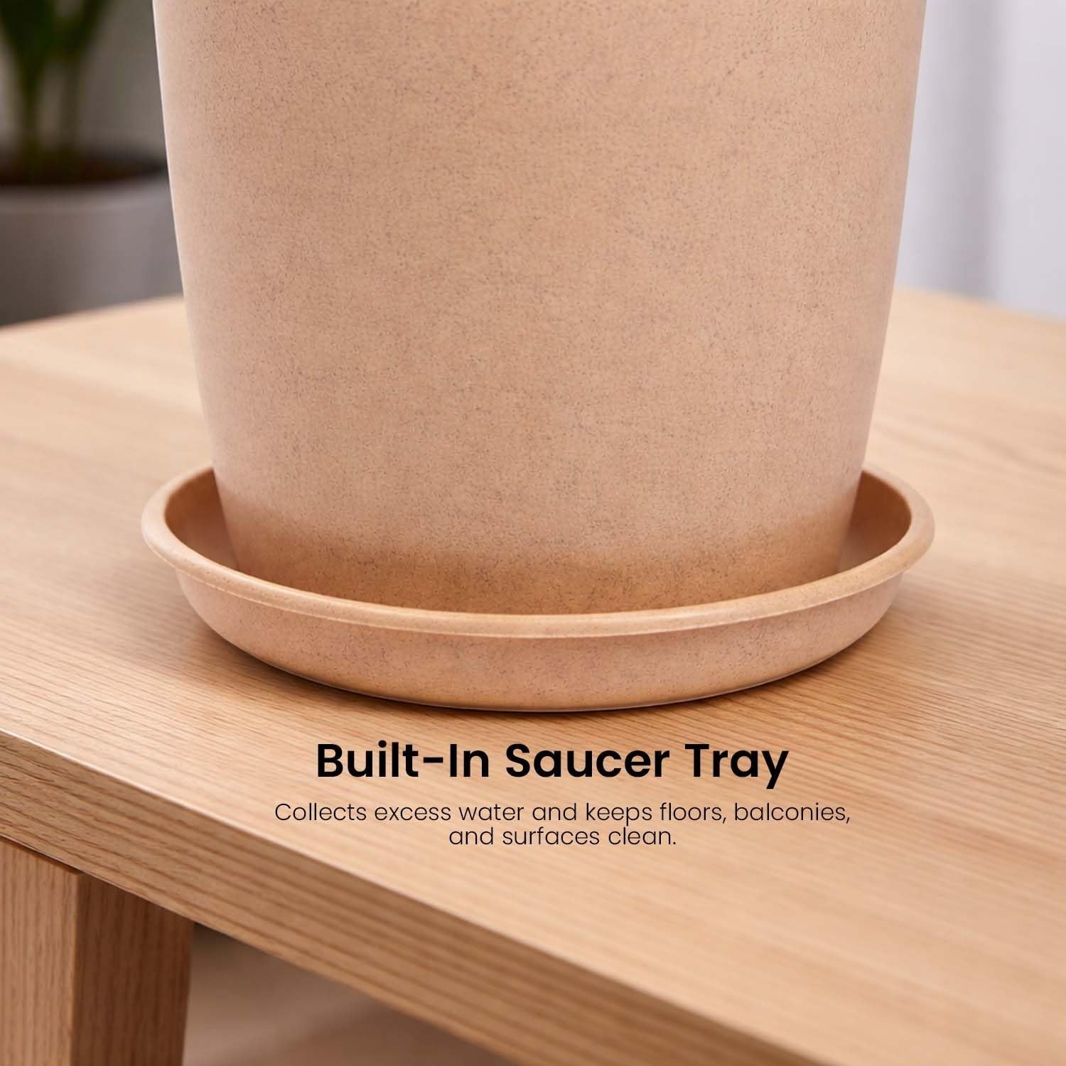 GoHooked brown lightweight plastic tower pot with built-in saucer tray, 18 inch, modern style, pack of 3.