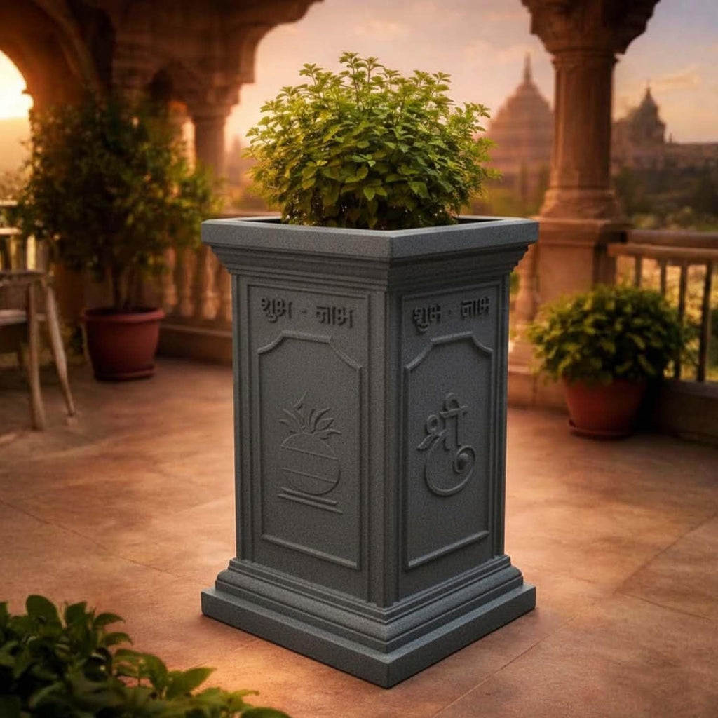 GoHooked traditional brown square plastic Tulsi pot with Om and Swastik design, 9 inch.
