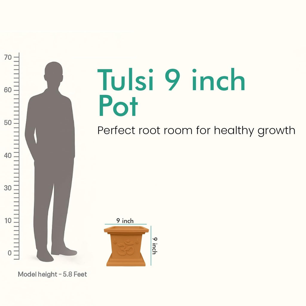 GoHooked brown plastic 9-inch square Tulsi pot with Om and Swastik design, perfect for home temple or balcony decor.