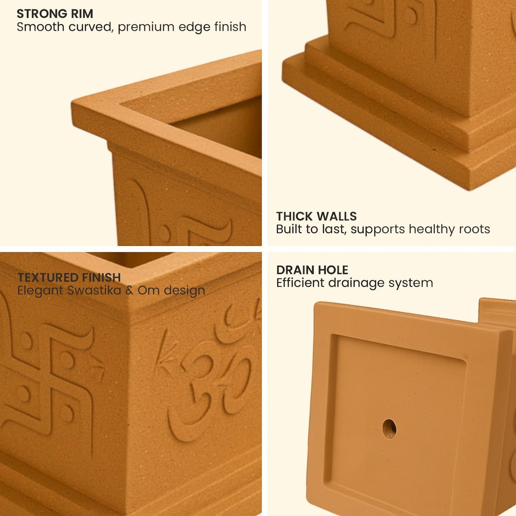 GoHooked brown plastic square Tulsi pot with Om and Swastik design, textured finish, drainage hole, and strong rim.