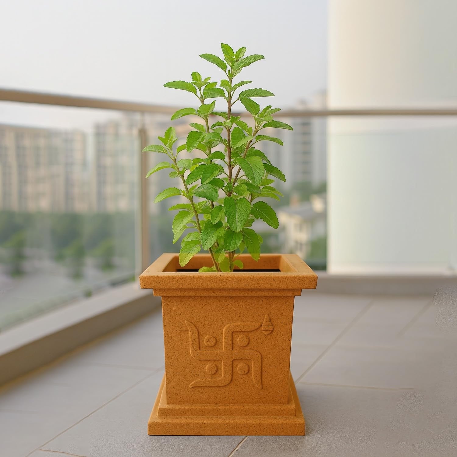 GoHooked brown plastic square Tulsi pot with Swastik design, traditional planter for home temple or balcony.