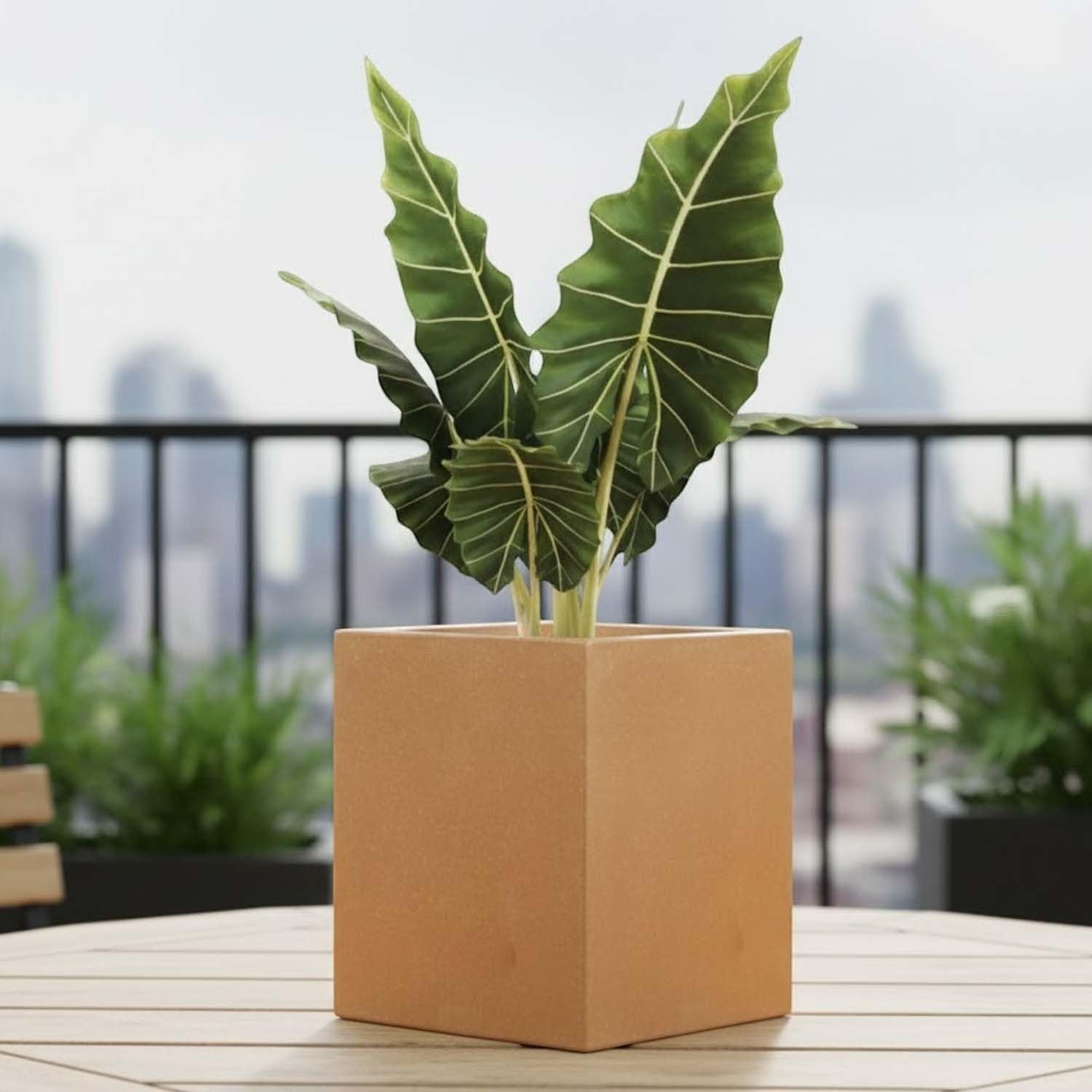GoHooked brown polymer cube planter, 10 inch, modern design, suitable for indoor/outdoor use.
