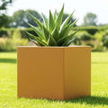 GoHooked 15-inch brown polymer cube planter with a green succulent plant, perfect for indoor/outdoor gardening.