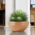 Go Hooked brown polymer lotus bowl planter with a large succulent plant. Modern, minimalist design.