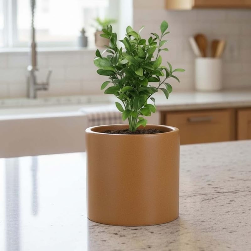 GoHooked 12-inch round brown polymer planter with a small green plant, perfect for indoor or outdoor use.