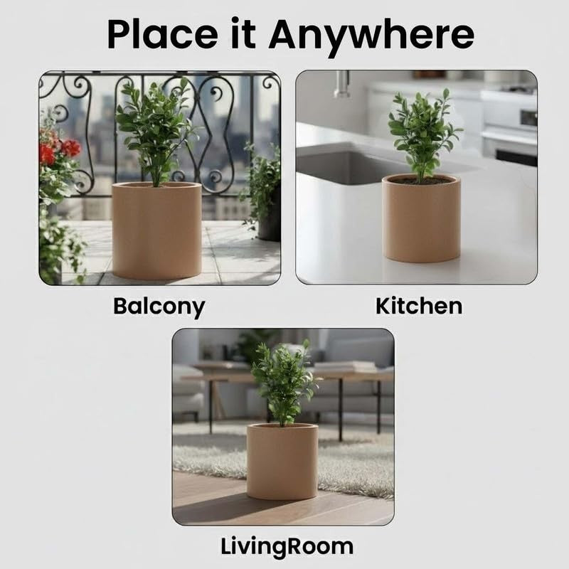 Go Hooked brown 15-inch round polymer planter with a plant, shown on a balcony, kitchen counter, and living room floor.