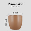 GoHooked brown polymer planter, 15 inch diameter, 14.5 inch height, modern round design with drainage hole.