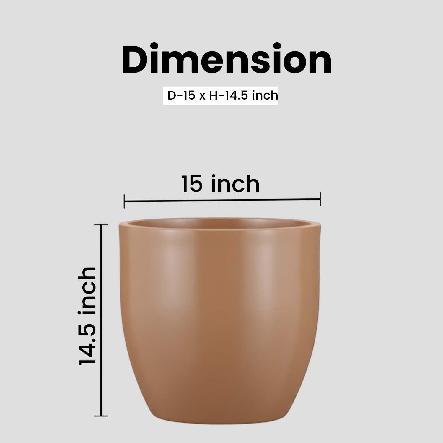 GoHooked brown polymer planter, 15 inch diameter, 14.5 inch height, modern round design with drainage hole.