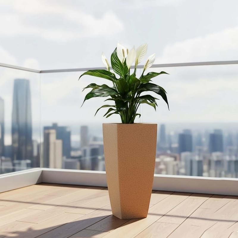 GoHooked brown 18-inch tall polymer planter with a peace lily plant on a balcony.