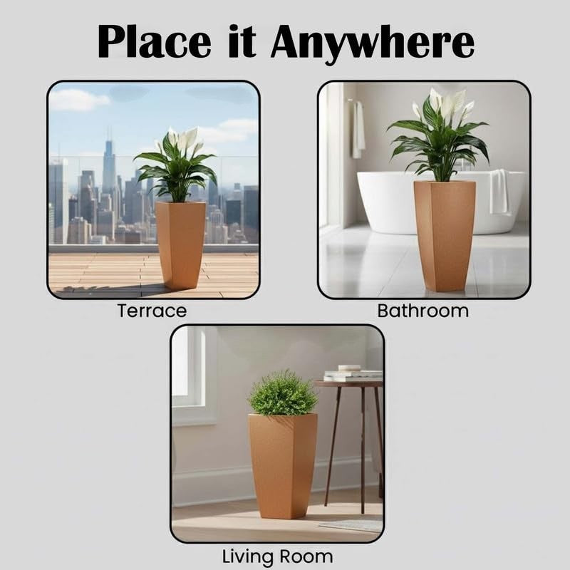 GoHooked brown polymer Matrix planter, 24-inch tall, for indoor/outdoor use. Features a tapered design and wide base.