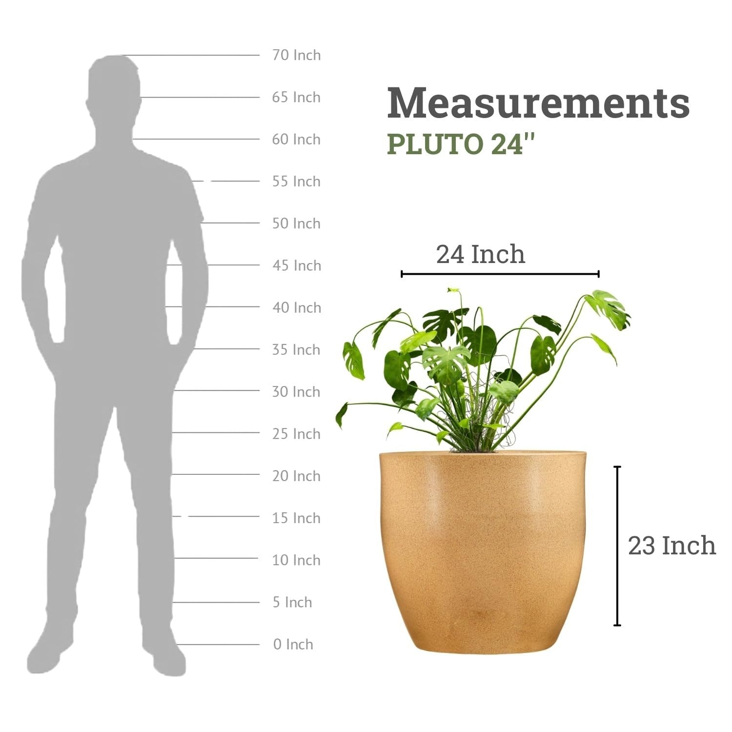 Go Hooked 24-inch round brown polymer planter with a monstera plant. Shows scale against a silhouette of a person.