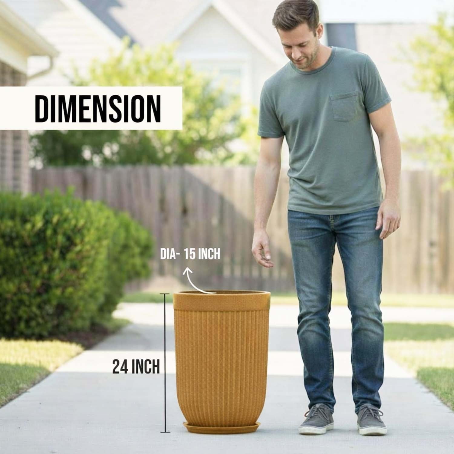 GoHooked 24-inch tall brown polymer planter with ribbed design and matching saucer, shown next to a man for scale.