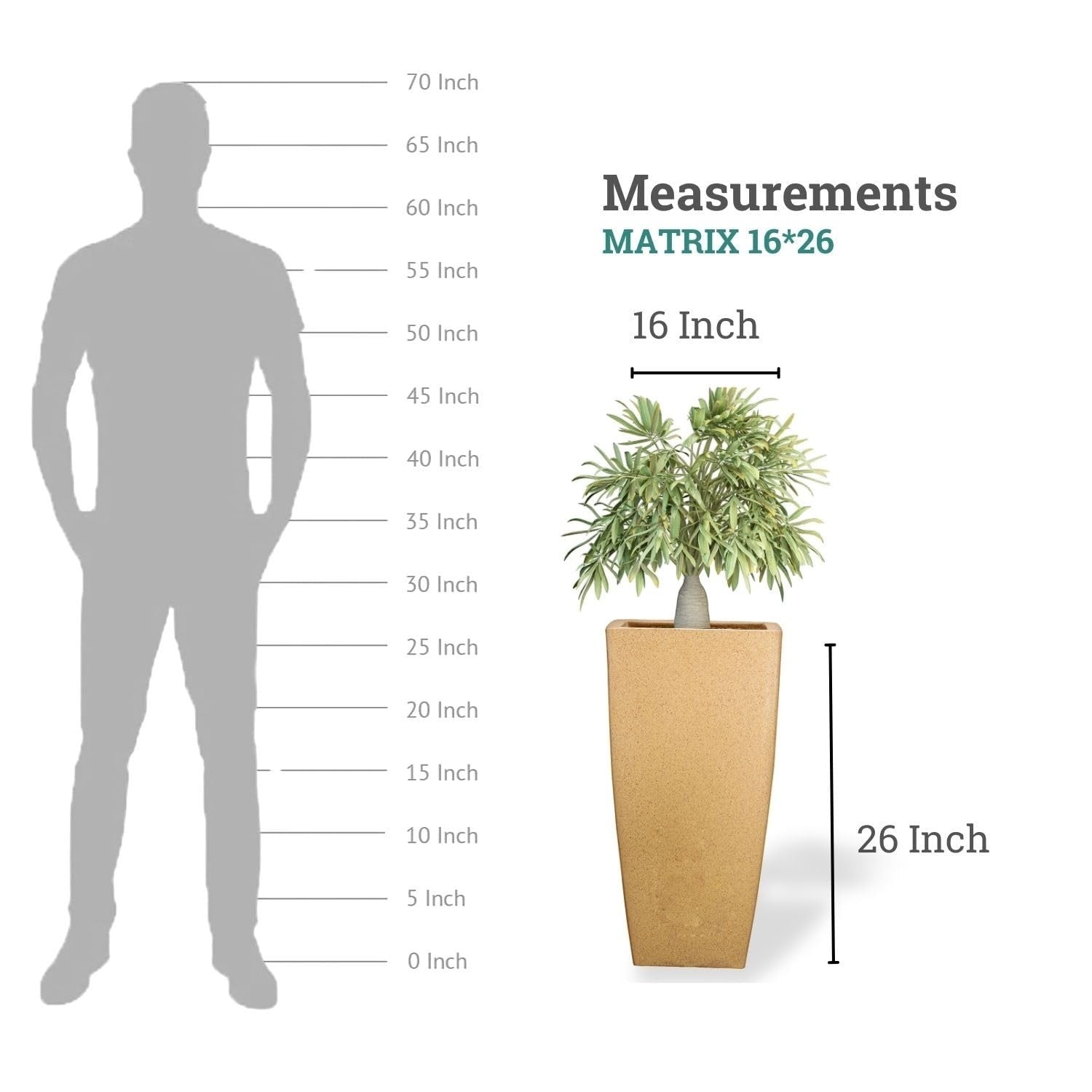 GoHooked 26-inch tall brown polymer planter with a textured finish, featuring a large plant. Scale reference provided.