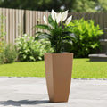 GoHooked 26-inch tall brown polymer planter with a square base and tapered sides, holding a peace lily plant.