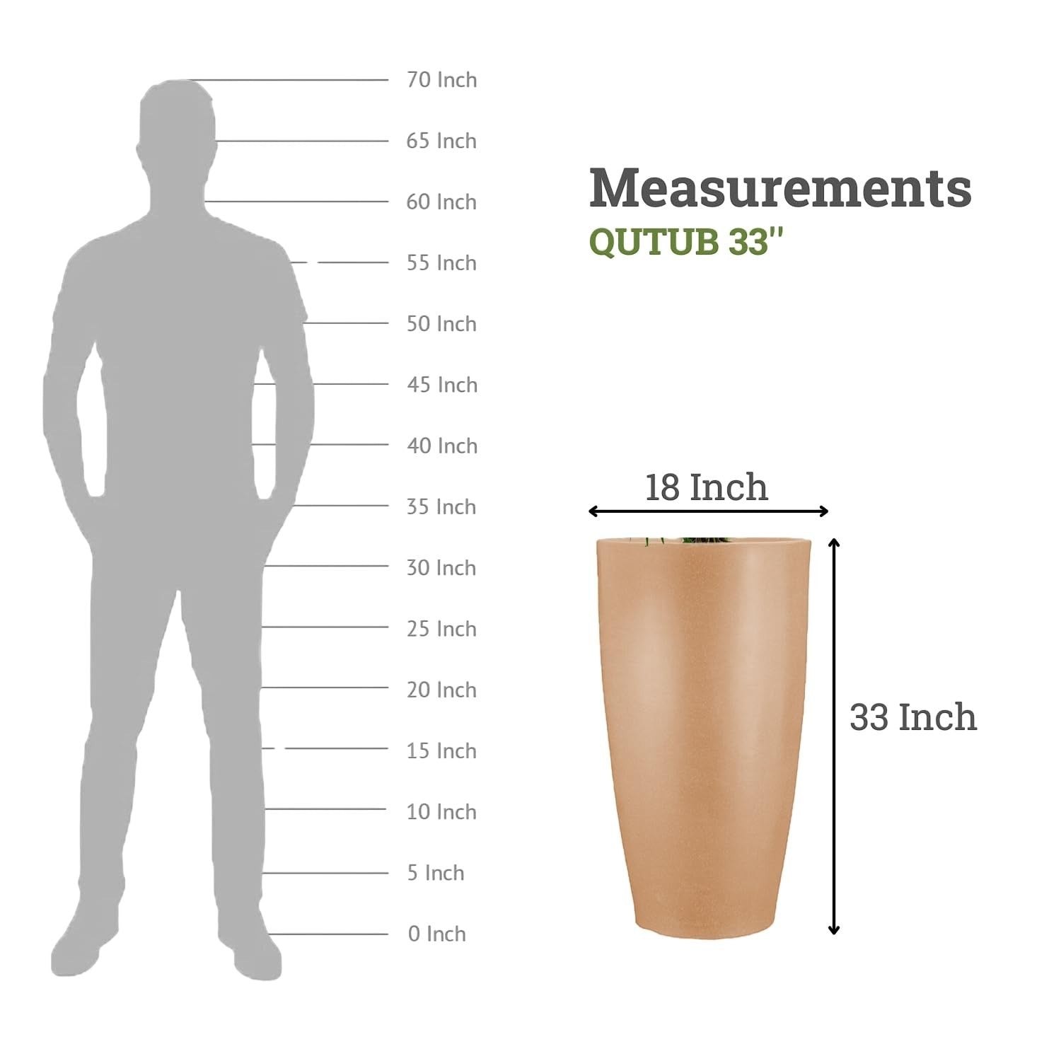 GoHooked 33-inch tall, round, brown polymer planter with a textured finish and drainage hole. Shown next to a human silhouette for scale.