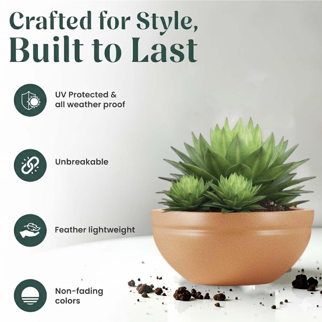 GoHooked brown polymer lotus bowl planter with drainage, 18 inch, lightweight, UV and weather-resistant.